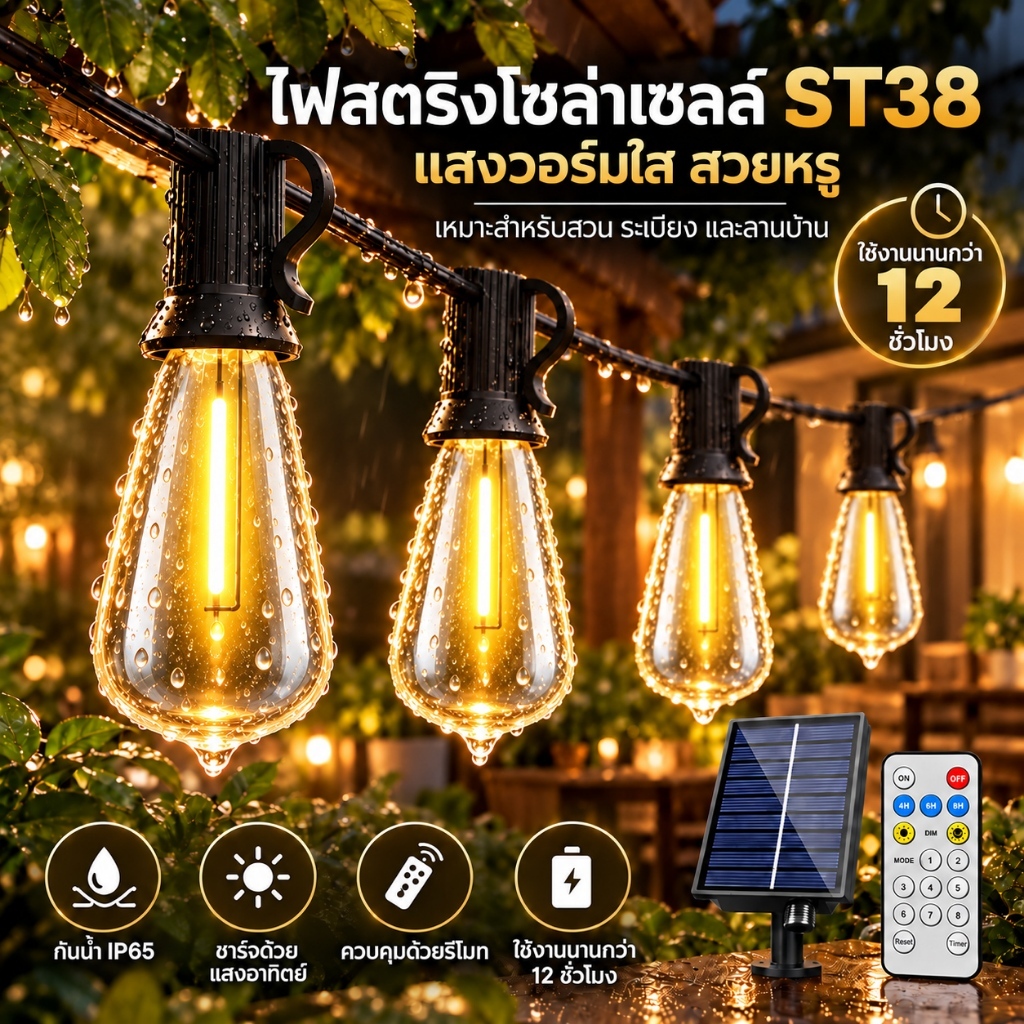 ไฟสตริงโซล่าเซลล์ ST38 ไฟ LED วินเทจ ไฟประดับสวน กันน้ำ IP65 ทนแดด สำหรับกลางแจ้ง