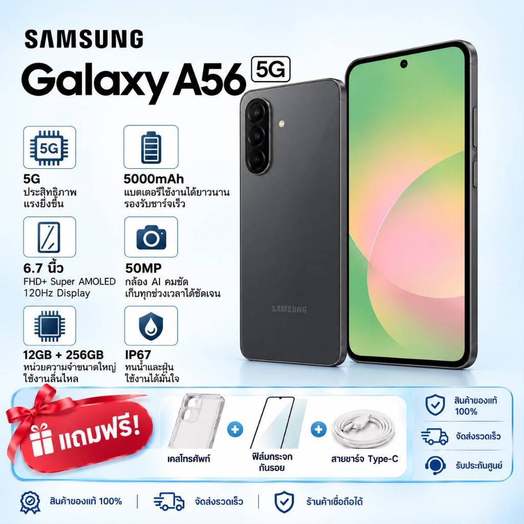 Samsung Galaxy A56 5G RAM 12GB ROM 256GB | หน้าจอ 6.7 นิ้ว AMOLED | กล้อง 50MP | แบตเตอรี่ 5000mAh |