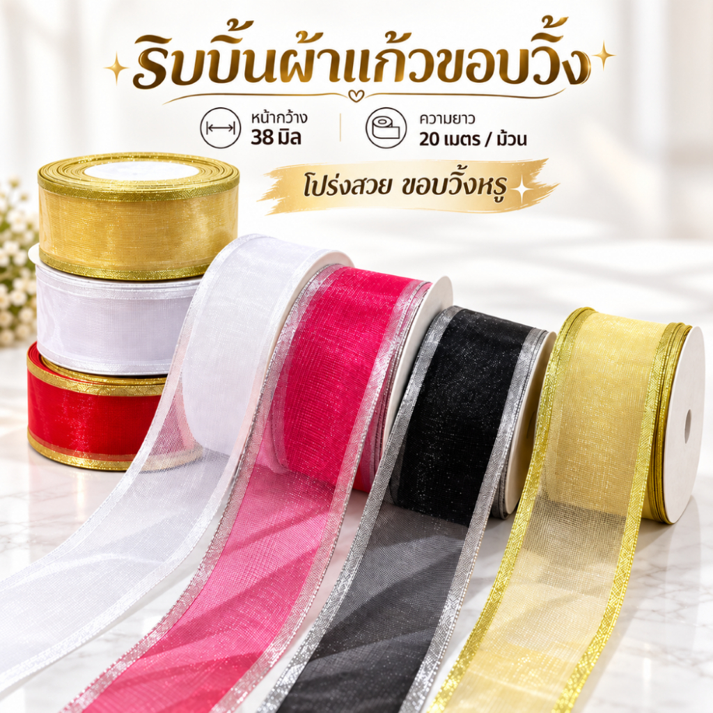 ริบบิ้นแก้วขอบวิ้ง กว้าง 38 มิล  สำหรับทำโบว์ / งานประดิษฐ์ ริบบิ้นเกรดพรีเมี่ยม จำหน่ายราคาถูกมาก ๆ ร้านในไทย dt18shop