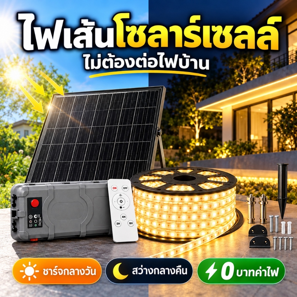 ชุดไฟเส้นโซลาร์เซลล์ 3000K พร้อมแผงโซลาร์ รีโมท IP65 ขนาด 10M20M30M50M ใช้งานกลางแจ้ง