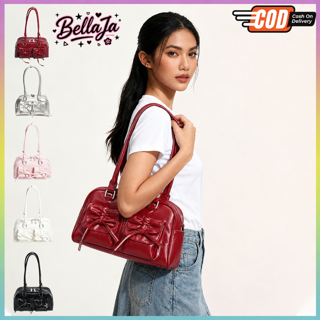 Bellaja💗ส่งจากไทย สําหรับผู้หญิง กระเป๋าถือ กระเป๋าสะพายไหล่ หนัง PU สไตล์เกาหลี ประดับโบว์ ลําลอง