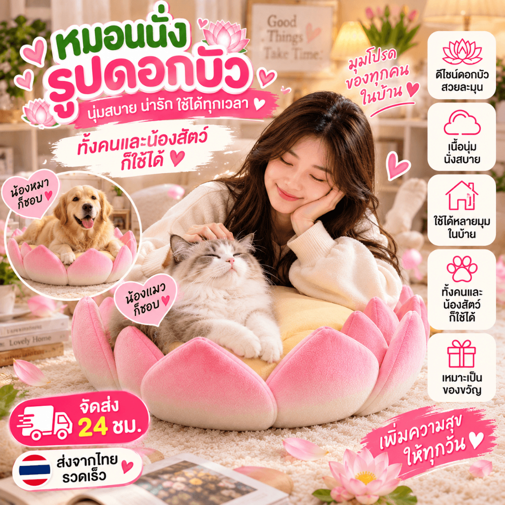 เบาะนั่งดอกบัวน่ารัก เบาะรองนั่งนุ่มสบาย สำหรับคนและสัตว์เลี้ยง ใช้นั่งพัก แต่งห้อง ของขวัญ ของแต่งบ้าน