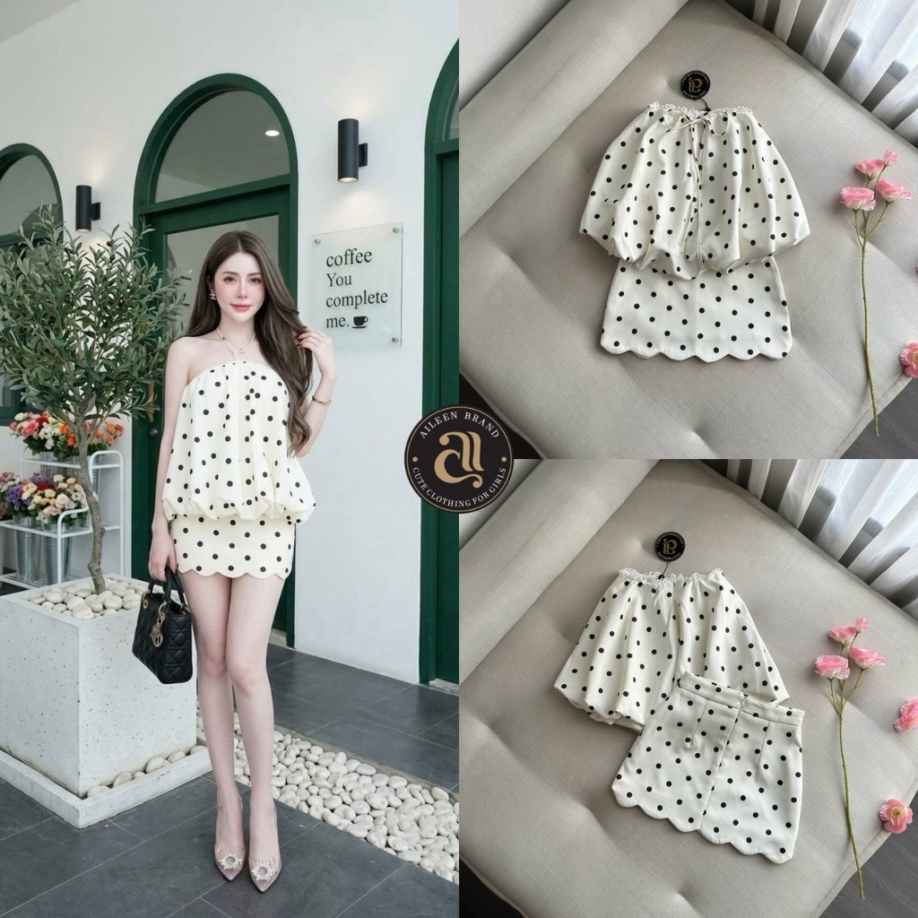 [Aileen] Set2 ชิ้น  สีขาวลาย polka dot ทั้งชุด เสื้อเกาะอกทรงบอลลูนปล่อยดีไซน์สวย ด้านหน้าแต่งสายผูก