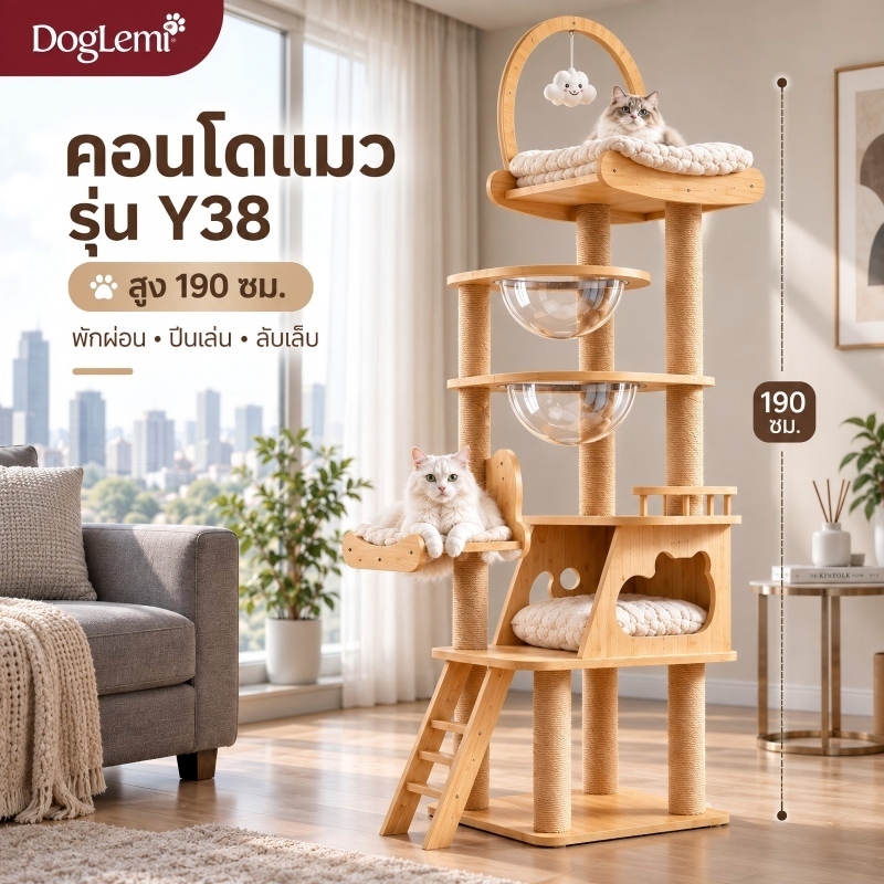 【DogLemi】คอนโดแมวสีเขียว สูง190ซม บ้านแมว2หลัง หลุมอวกาศใส เปลนอนนุ่ม เสาลับเล็บ Oxford คอนโดแมวมินิมอล รองรับแมว1-3ตัว