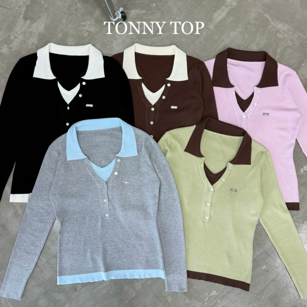 Tonny knit เสื้อโปโลแขนยาวทูโทน แต่งอะไหล่ (เป็นงานเย็บติดกัน) Size M,L ผ้าไหมพรมเนื้อนุ่ม ใส่สบาย AOMMKO - S137