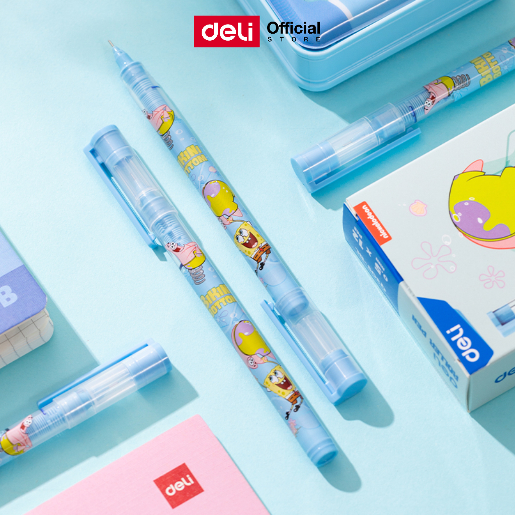ปากกาเจล Deli ปากกาหมึกเจล 0.5mm หัวเข็ม มี2สี (สีน้ำเงิน/ดำ) ปากกา แท่งลายการ์ตูนสปองบ๊อบ ลิขสิทธ์แท้ เครื่องเขียน