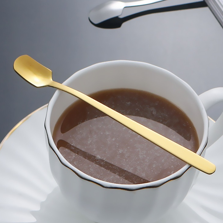 ช้อนสแตนเลสหัวสี่เหลี่ยม ด้ามยาว คนกาแฟ ชา น้ำตาล เข้าชุดแก้วมัคและแก้วกาแฟ