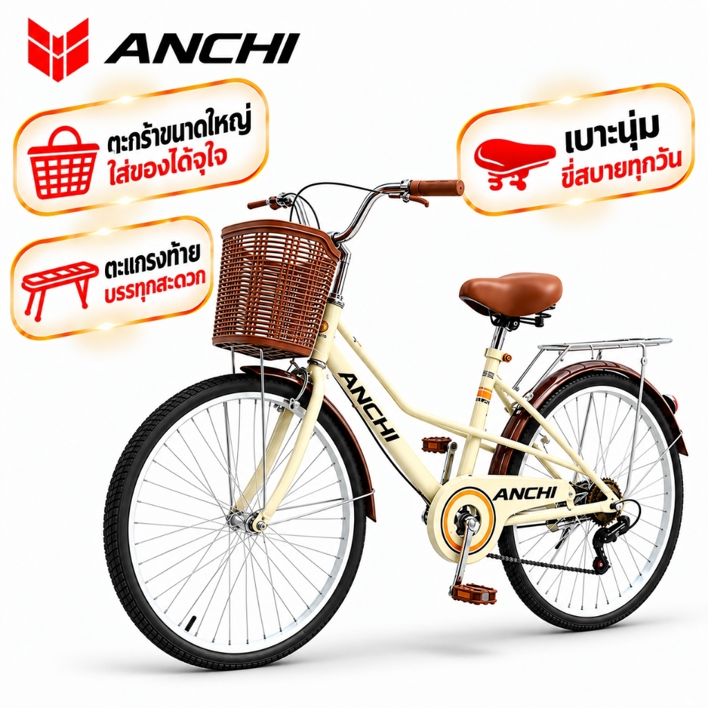 【นิ้วผู้หญิง 】จักรยานผู้ใหญ่ 24-26 นิ้ว เบาะนั่งสบาย พร้อมตะกร้า เกียร์ 7 สไตล์ย้อนยุคญี่ปุ่น