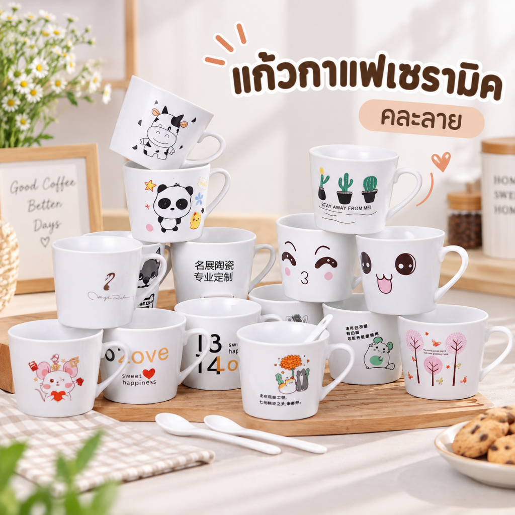 สินค้าขายส่ง (คละลาย) ชุดแก้วเซรามิก พร้อมช้อน ชุดของขวัญขนาดเล็ก แก้วกาแฟ สไตล์มินิมอล
