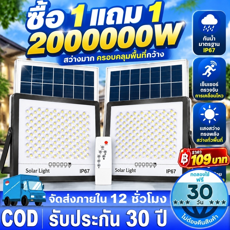 ซื้อ 1แถม 1 ไฟโซล่าเซลล์ 140000W โซล่าเซลล์ ไฟสว่างมาก ไฟโซล่าเซล กันน้ำ สว่างอัตโนมัติเมื่อฟ้ามืด
