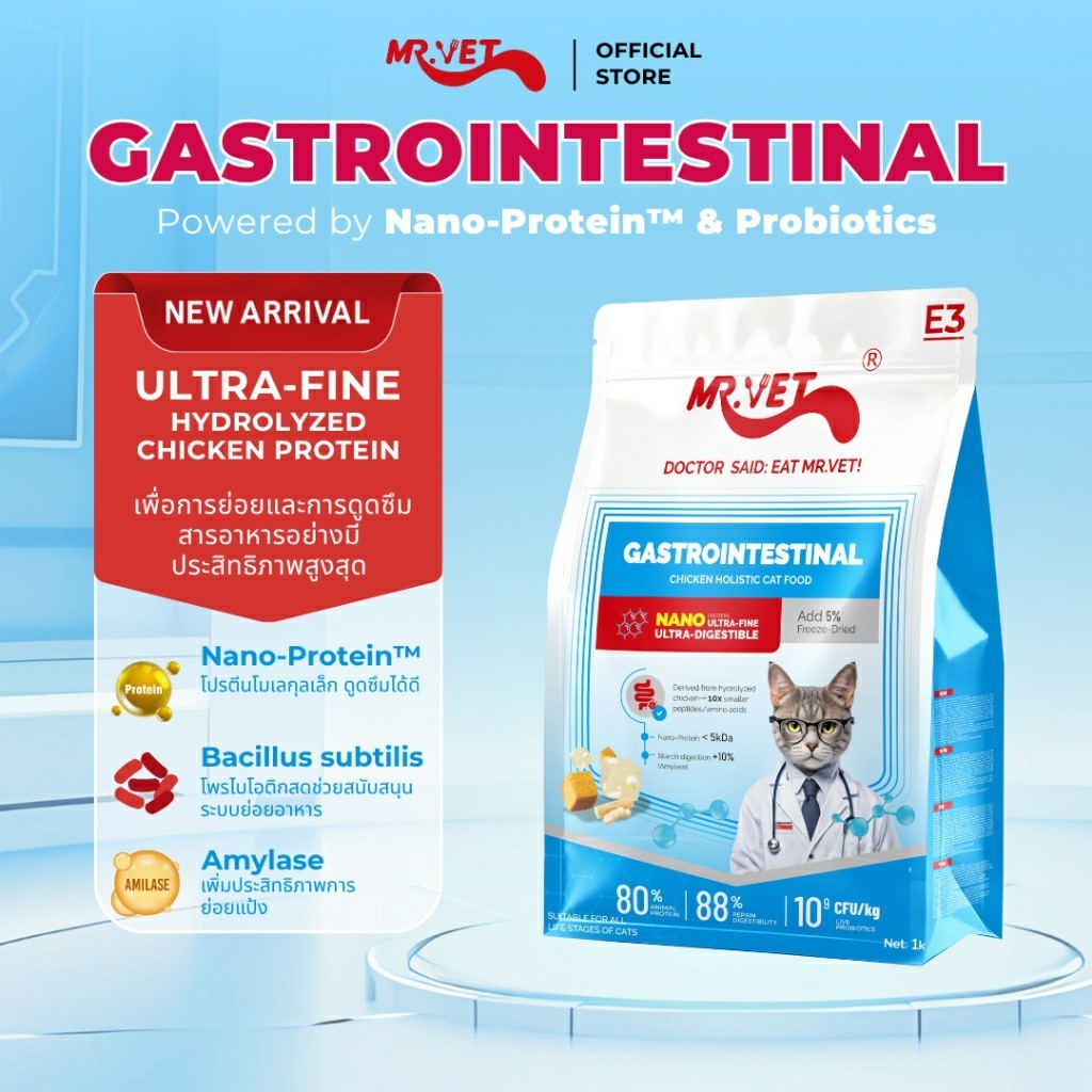 Mr.vet E3 Nano-Protein™ อาหารแมวแห้ง 50G ย่อยง่าย ดูดซึมเร็ว เสริมโปรไบโอติก บำรุงระบบย่อยอาหารและลำไส้แข็งแรง