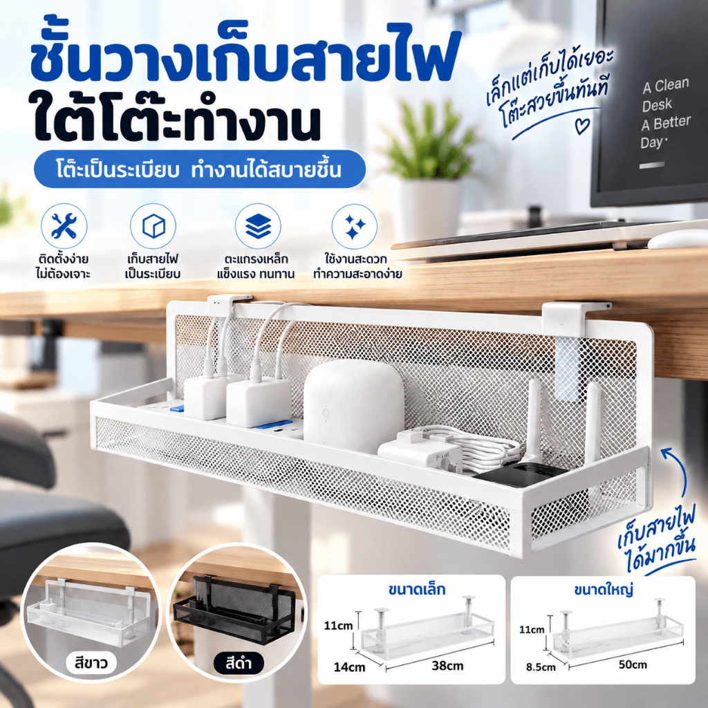 ชั้นวางเก็บสายไฟใต้โต๊ะ ที่จัดระเบียบสายไฟ ไม่ต้องเจาะ ถาดเก็บปลั๊ก รางเก็บสายไฟ ตะแกรงเหล็ก โต๊ะทำงาน