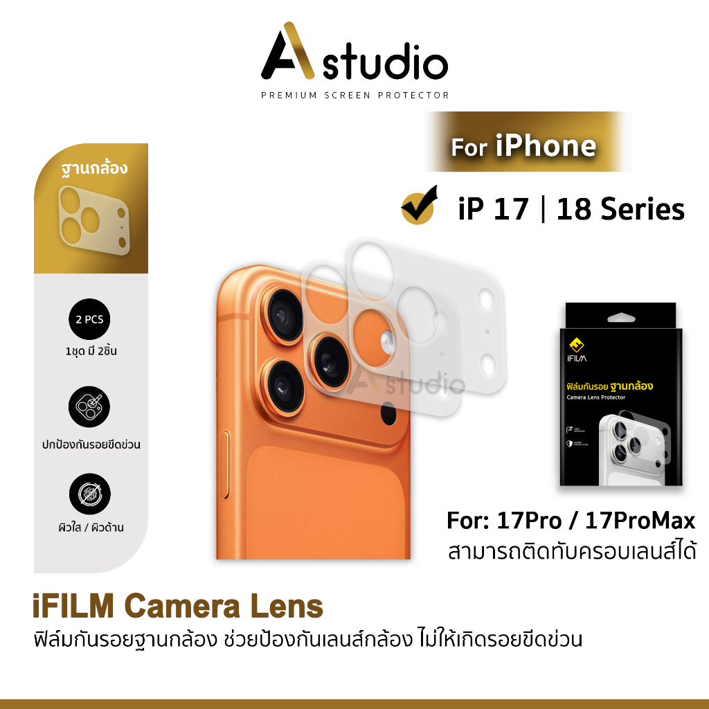 iFilm ฟิล์มกันรอย ฐานกล้อง 2Pcs For iPhone 18ProMax 18Pro 17ProMax 17Pro 17 Air 16ProMax มีให้เลือก ผิวใส ผิวด้าน PET