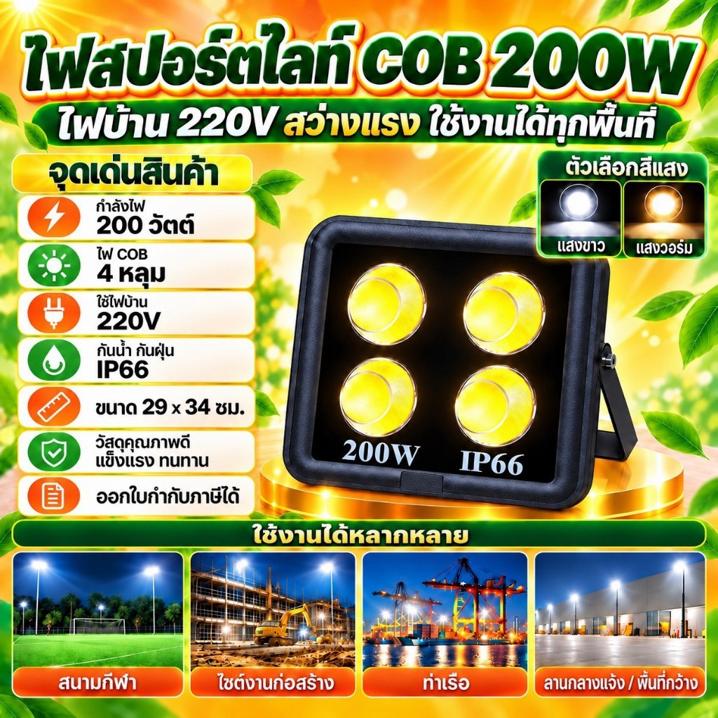 COB สปอร์ตไลท์ LED 200W Spotlight ขาว วอร์ม Flood Light LED sportlight (รุ่นCOB 2023 แบบกลม)