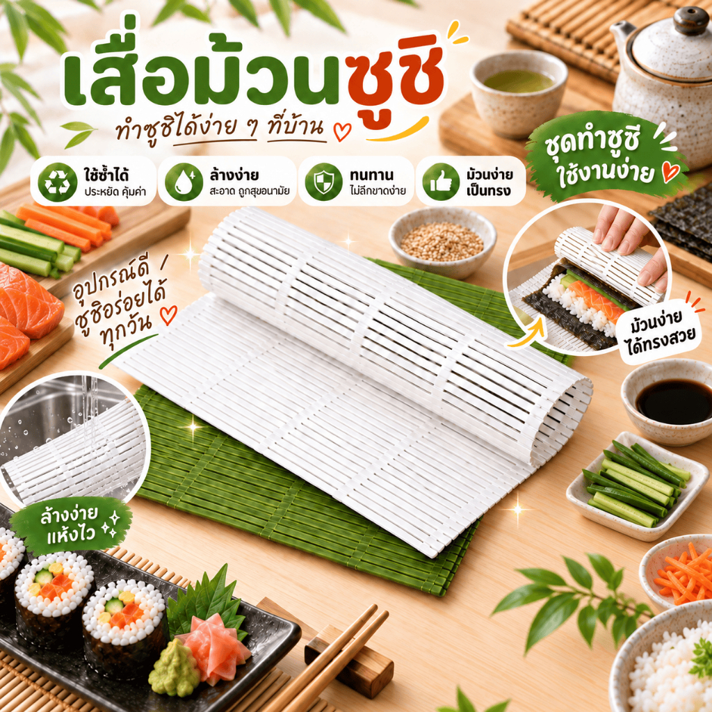 SoftLiv มือใหม่ก็ทำซูชิได้ด้วยเสื่อม้วน PP ช่วยม้วนข้าวและไส้ให้เป็นทรง ไม่ติดข้าว ใช้งานง่ายๆ ล้างสะดวก มีสีขาวและเขียว