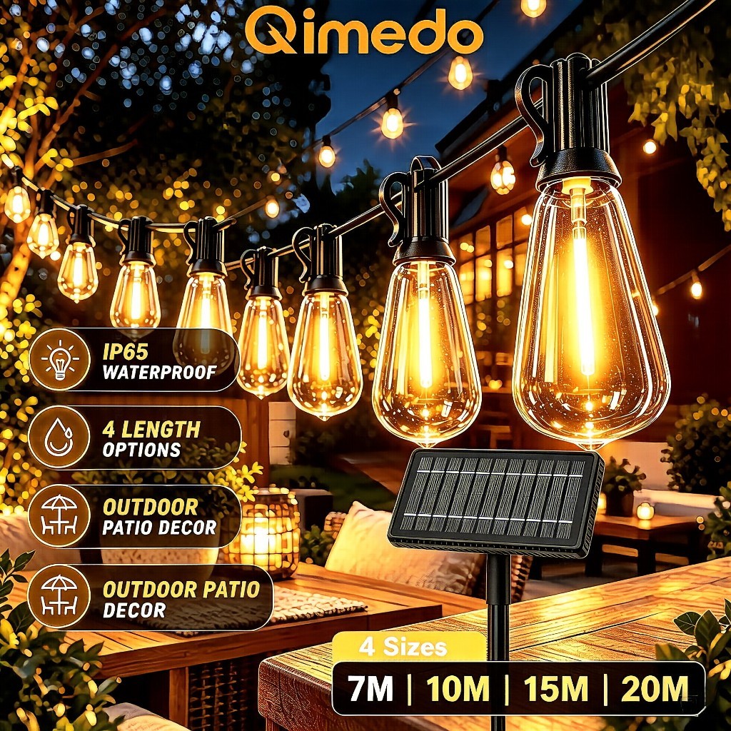 Qimedo ไฟปิงปองโซลาร์เซลล์ST38 E12 วอร์ม2200K รีโมท8โหมด กันน้ำIP44 ชาร์จUSB ไฟแต่งสวน-คริสต์มาส-ปาร์ตี้ ไฟกลางแจ้ง