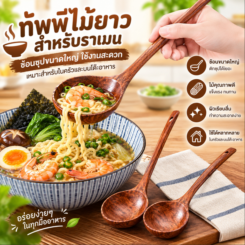 LEMO-T ช้อนไม้ราเมงด้ามยาวเครื่องใช้ในครัวญี่ปุ่นเครื่องใช้บนโต๊ะอาหารเสิร์ฟช้อนโต๊ะช้อนซุปขนาดใหญ่ที่บ้าน