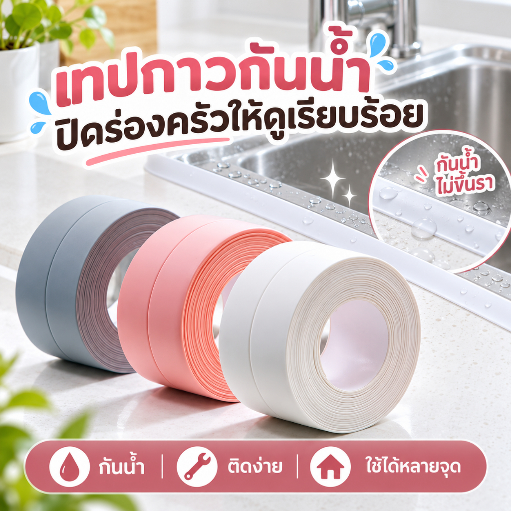 เทปกันน้ำกันเชื้อรา เทปปิดร่องอ่างล้างจาน มีกาวในตัว ติดง่าย สำหรับขอบซิงค์ ห้องครัว ห้องน้ำ และเคาน์เตอร์