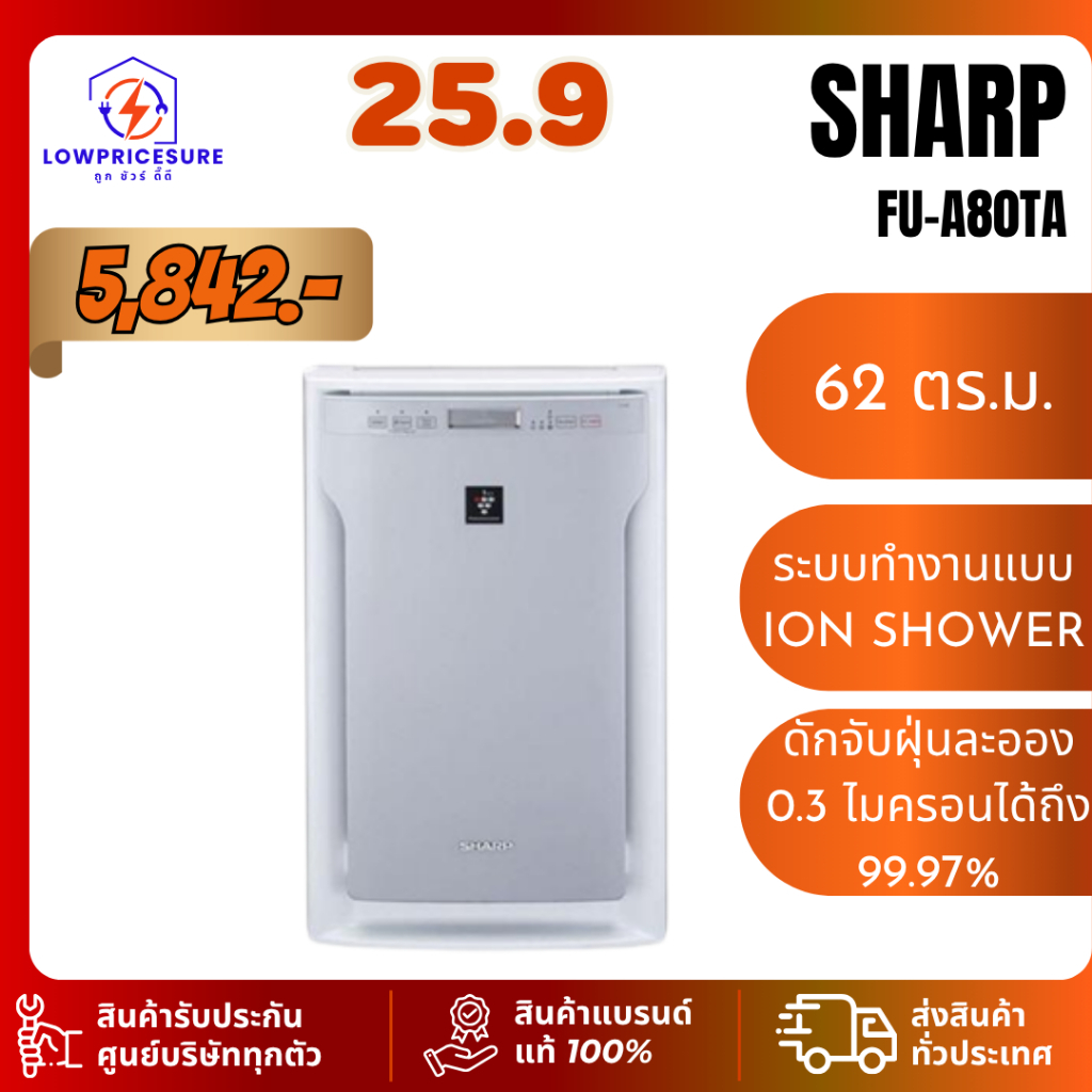 ็็Sharp FUA80TA เครื่องฟอกอากาศ รุ่นFU-A80TA ขนาด62ตรม.HEPA ระบบพลาสม่าคลัสเตอร์แบบเข้มข้น