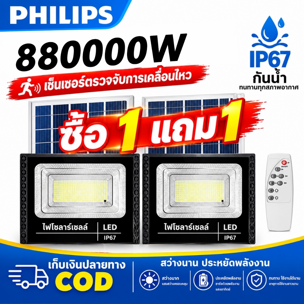 โคมไฟโซลาร์ ซื้อ 1 แถม 1 LED โคมไฟติดผนังพลังงานแสงอาทิตย์ IP67 พร้อมรีโมท เหมาะสำหรับใช้ทั้งในร่มและกลางแจ้ง