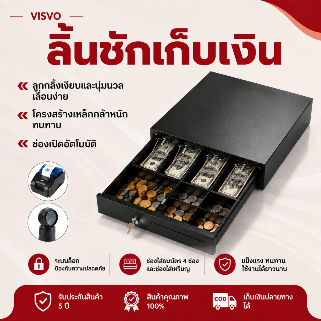 ลิ้นชักเก็บเงิน POS Cash Drawer เชื่อมต่อ RJ11 เด้งเปิดอัตโนมัติ โลหะคุณภาพสูง เหมาะร้านกาแฟ ร้านขายของ ร้านค้าปลีก
