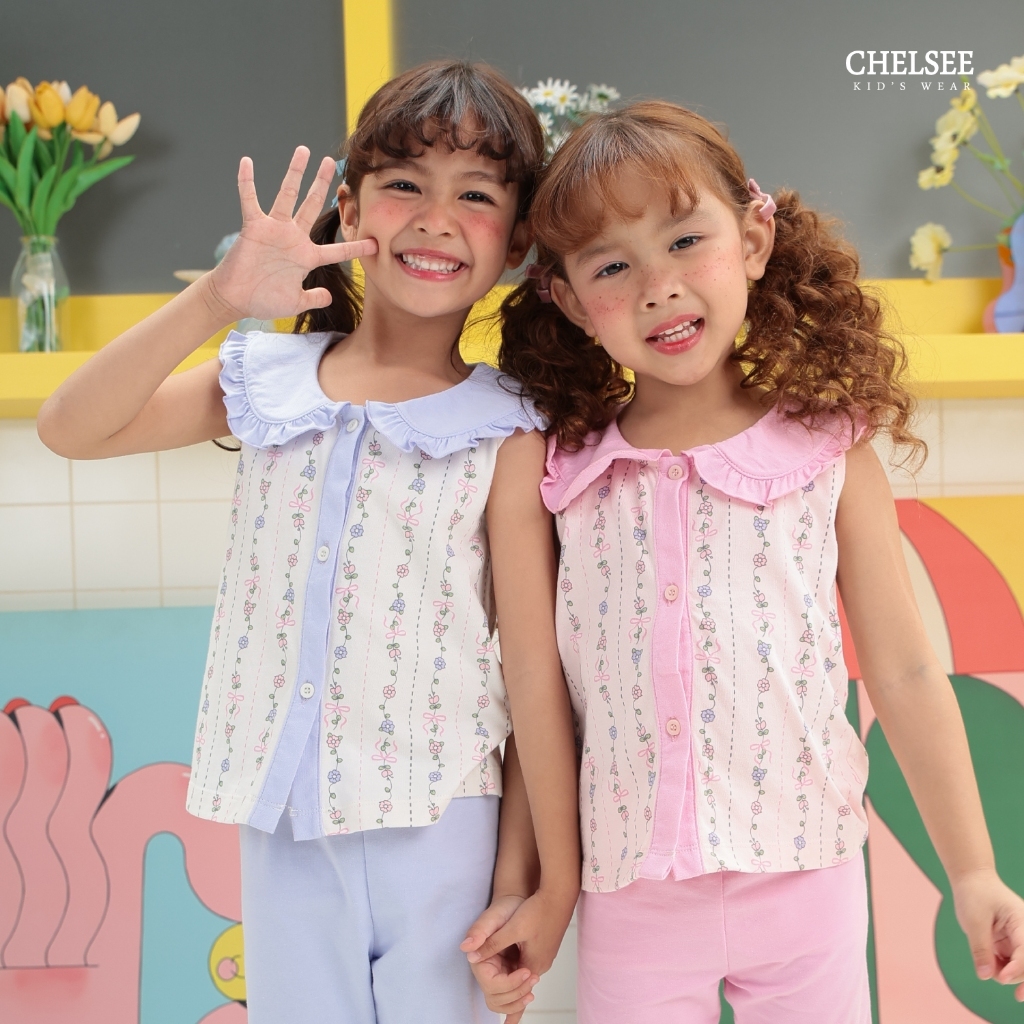 Chelsee طقم بنات تيشيرت بأزرار وليغنغ بالزهور قطن 100%