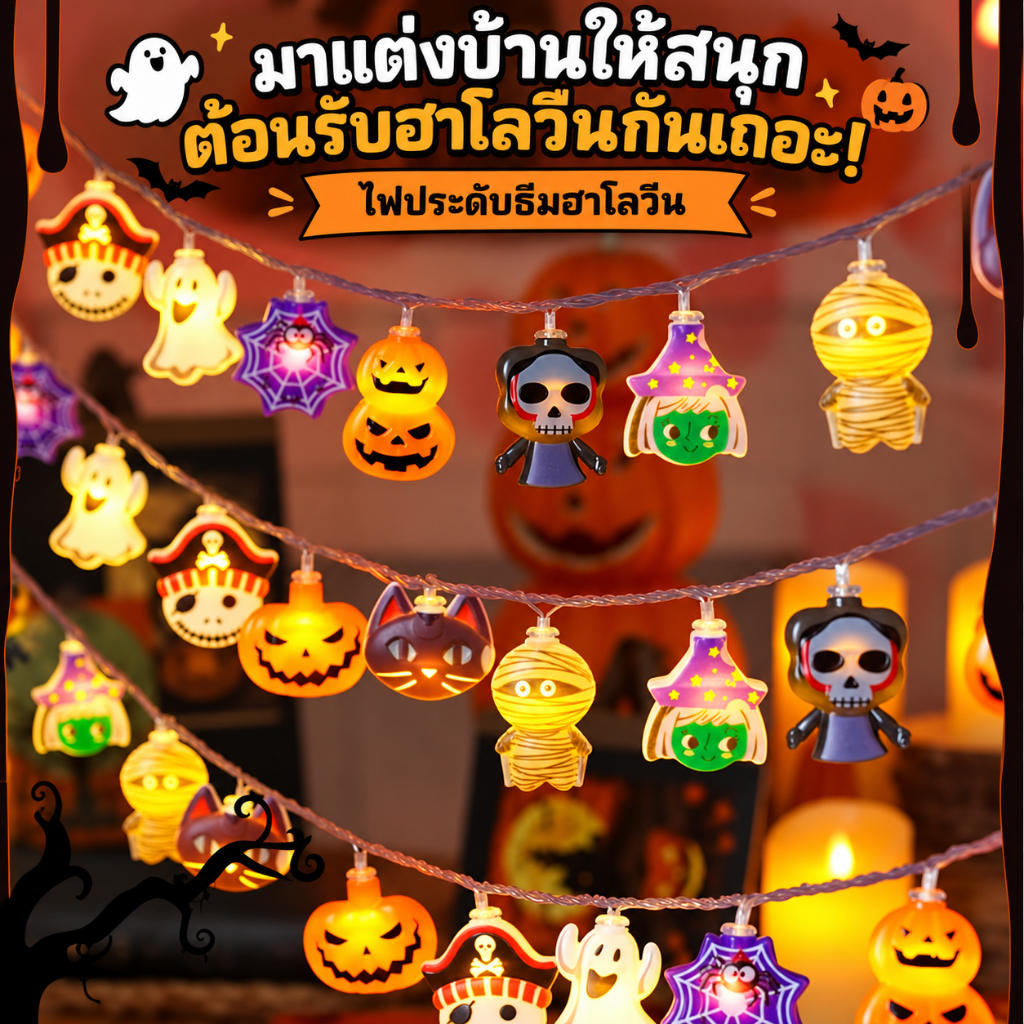 🎃ส่งไว ไฟฮาโลวีน LED ไฟสายฟักทอง โคมไฟผี String Light ใช้ถ่าน 1.5เมตร10ดวง 3เมตร20ดวง แต่งบ้าน ปาร์ตี้