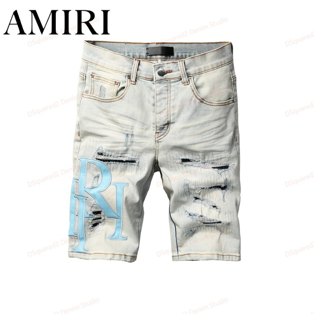 Amiri กางเกงขาสั้นยีนส์ขาดสไตล์เรโทรสำหรับผู้ชาย กางเกงขาสั้นเอวต่ำฤดูร้อน 6006