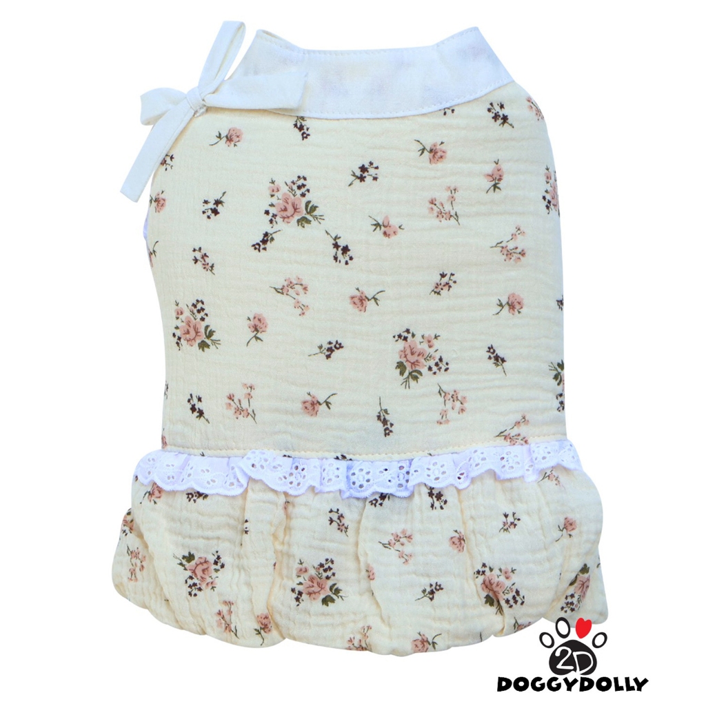 Pet clothes -Doggydolly  เสื้อผ้าแฟชั่น น้องหมาน้องแมว ชุดกระโปรงแขนกุด  ทรงสุ่ม ผ้าสาลู สีครีม ขนาดไซส์ 1-9โล D924