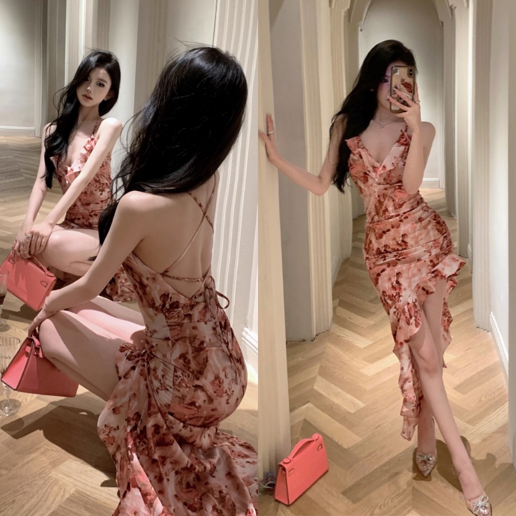 เดรสยาว สีชมพู รัดรูป เกาหลี ดอกไม้  ไปทะเล น่ารัก เปิดไหล่ แขนกุด คล้องคอ เดรสแฟชั่น