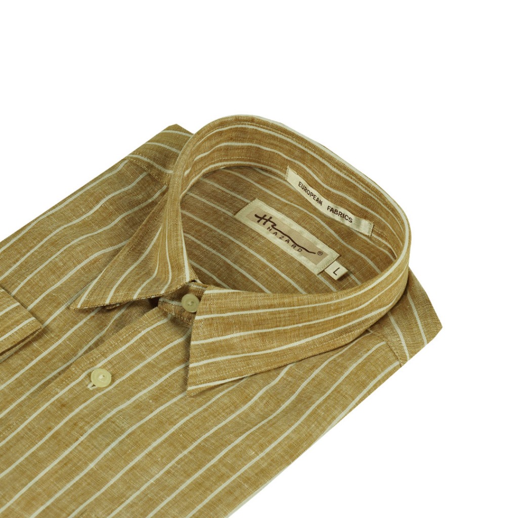Hazard เสื้อเชิ้ตทำงานแขนยาวลายทาง ผ้า Linen(ลินิน) สีน้ำตาล