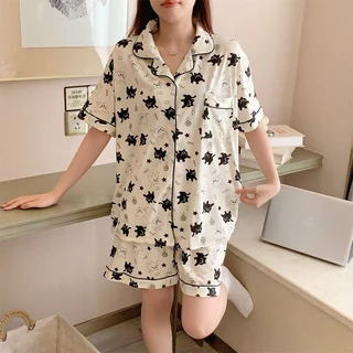 ชุดนอนผู้หญิงแบบสองชิ้น แขนสั้นขาสั้น ลายน่ารัก แฟชั่น เบาบางใส่สบาย M-4XL พร้อมส่งในไทย