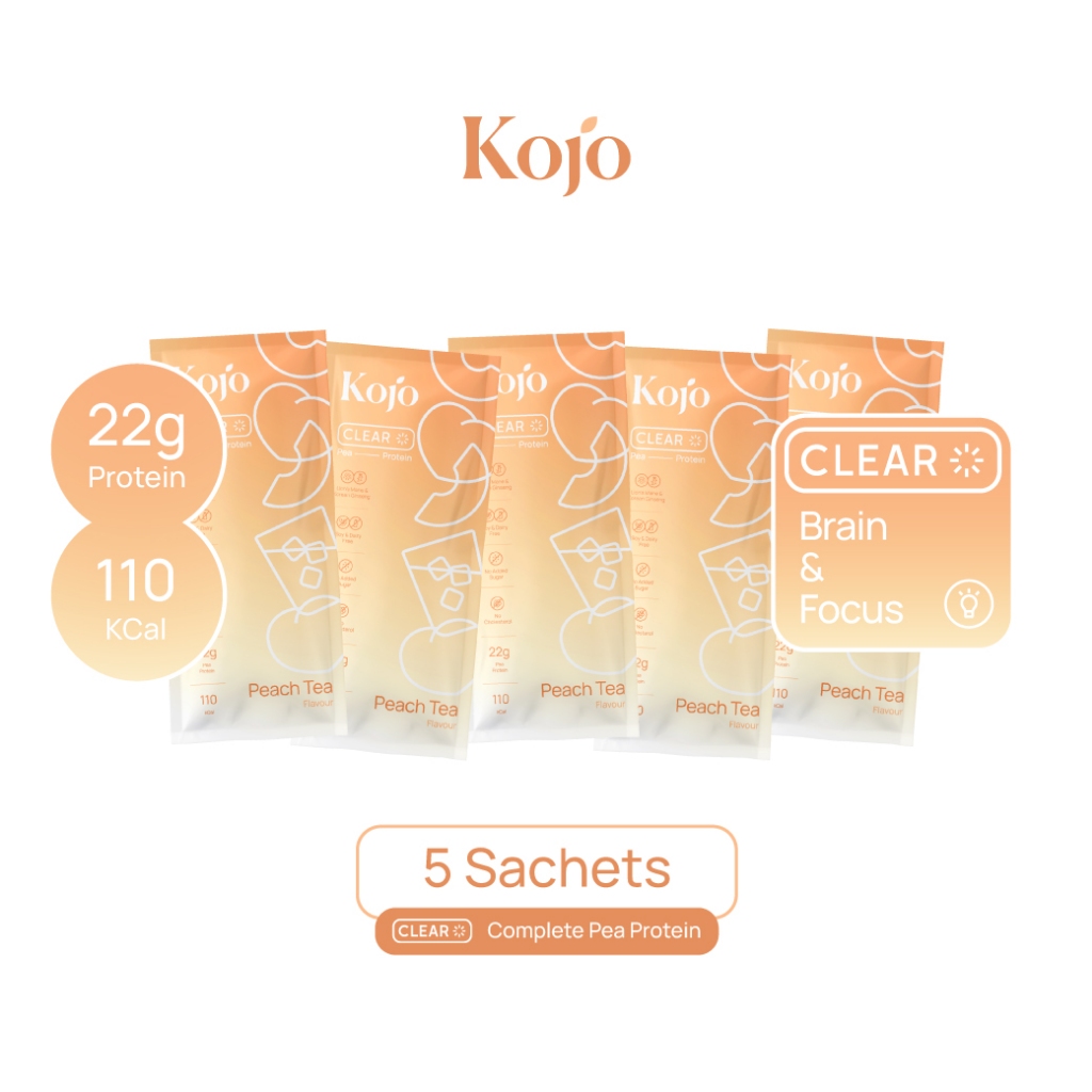 1 Box : Kojo Clear Protein 5 sachets โปรตีนพืชสูตรใส รสชาติชาพีช 1 กล่อง 5 ซอง