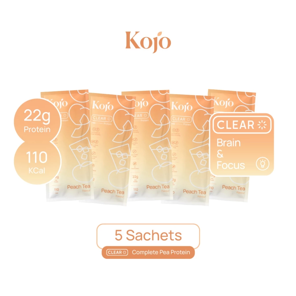 1 Box : Kojo Clear Protein 5 sachets โปรตีนพืชสูตรใส รสชาติชาพีช 1 กล่อง 5 ซอง