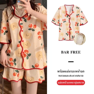 ชุดนอนแฟชั่นแขนสั้น-ขาสั้น มีฟองน้ำ สไตล์เกาหลีใส่สบาย กระดุมหน้า ระบายอากาศดี M-3XL