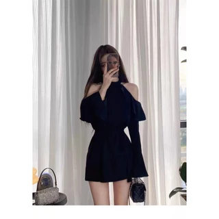 GHAOHES 👗👗 เดรสแขวนคอเปิดไหล่ กระโปรงเสื้อแขนยาวขอบบัวบาน🎀🎀 11006