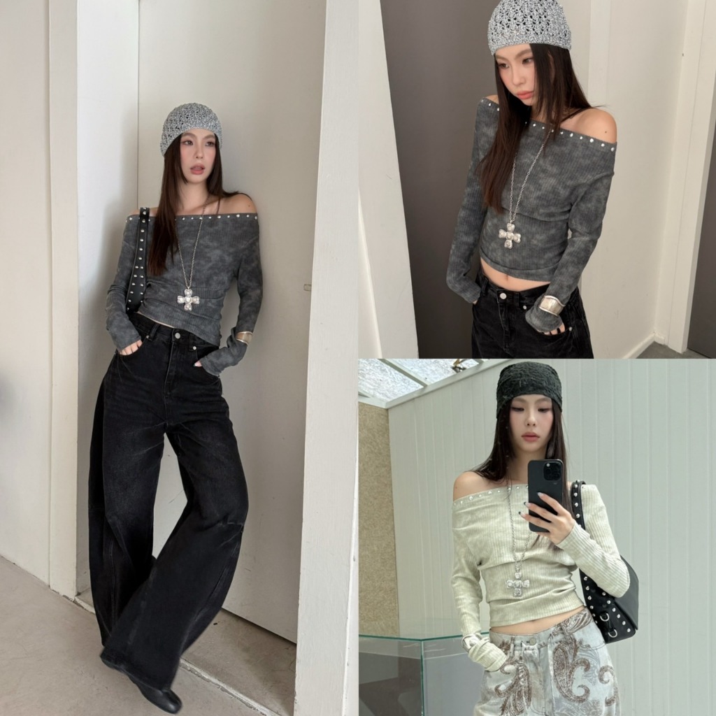 (พร้อมส่ง) 𝗦𝗘𝗥𝗘𝗡𝗘 𝗚𝗟𝗢𝗪 𝗧𝗢𝗣 เสื้อแขนยาวเปิดไหล่รุ่น 25T475 TAG MM FISH 🇰🇷