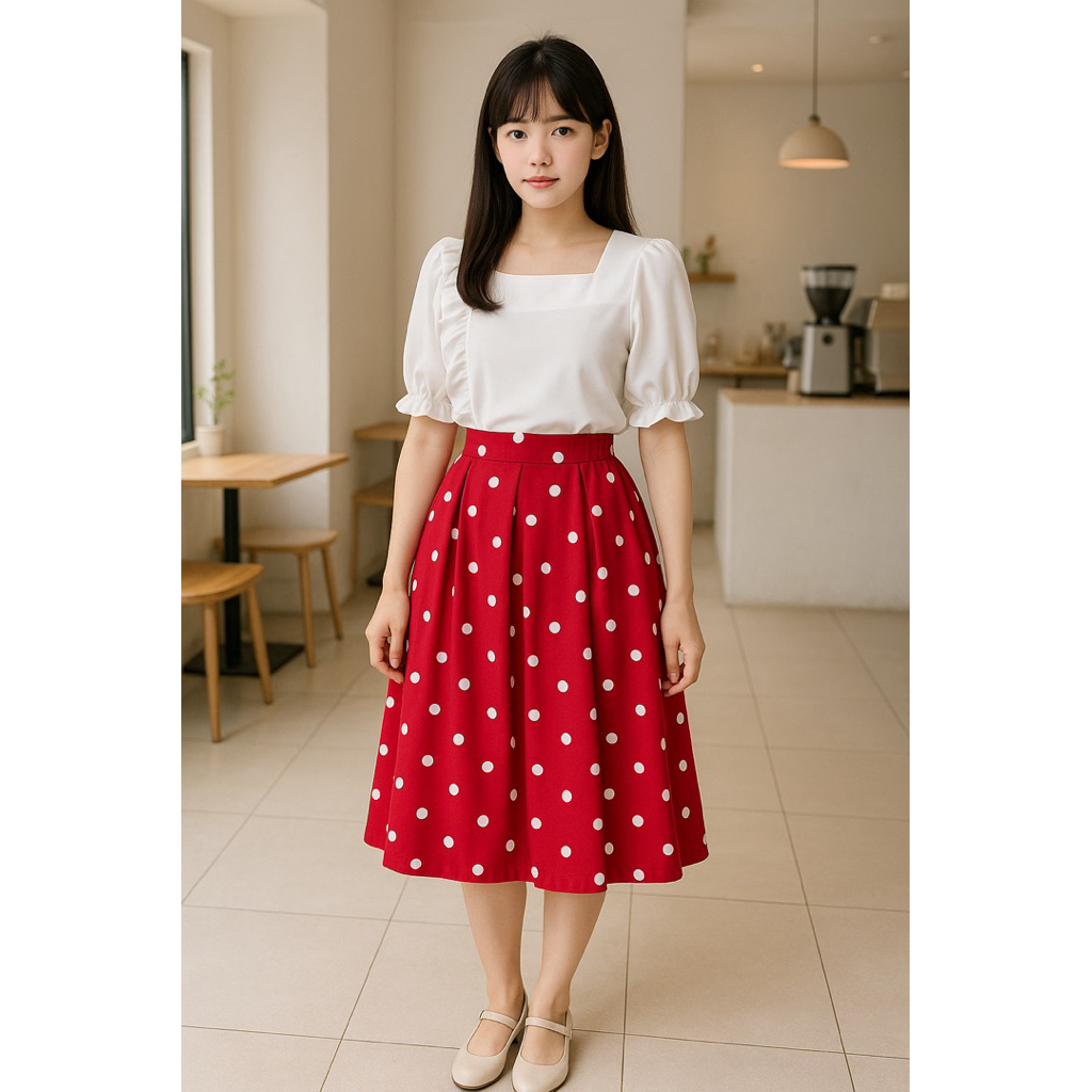 🔴ส่งไว🔴⚡ 👉เก็บโค้ดหน้ากิจกรรม โค้ดลด 30% สูงสุด 150.- ♡̷  กระโปรง(จุด)POLKA DOT จีบทวิตรอบตัวมีซิปข้าง