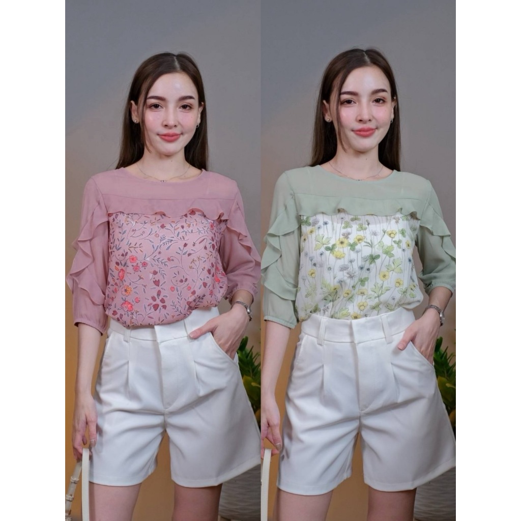 Chanan☘️ เสื้อชีฟอง คอกลม แต่งระบายช่วงอก ลายสวยมาก ใส่เที่ี่ยว ใส่ออกงาน เสื้อผู้ใหญ่ เสื้อสวยๆ มี3ลาย รุ่น 0525/0019
