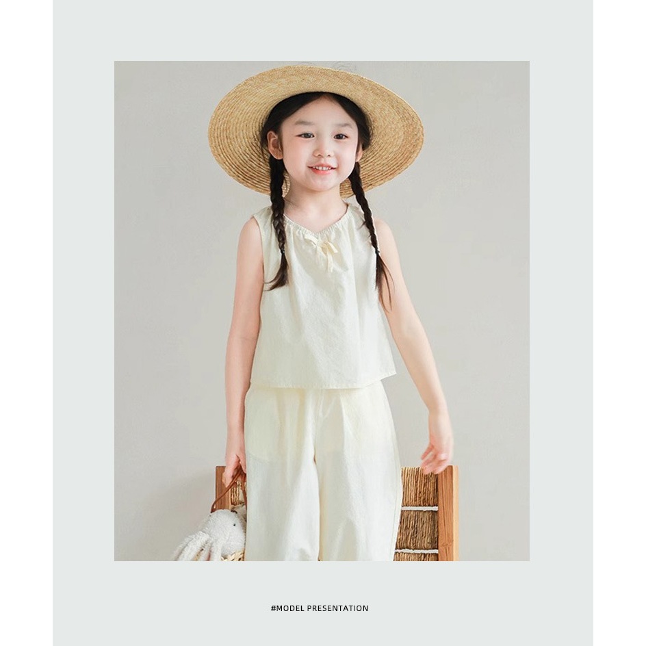 ชุดเด็กผู้หญิง ชุดเสื้อแขนกุด+กางเกงขายาว ขาจั๊ม สีพื้นๆ สไตล์น่ารัก ทรงหลวม - รูปที่ 4