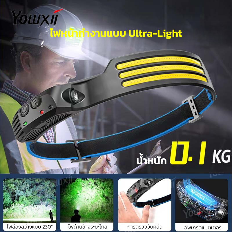 YOWXII ไฟฉายคาดหัว ไฟหน้าซังมัลติฟังก์ชั่นเซ็นเซอร์หัวโคมไฟไฟฉายกลางแจ้ง ยูเอสบี ชาร์จไฟหน้า