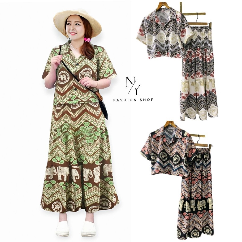 พร้อมส่ง.2 set ชุดเซ็ทกระโปรงยาว + เสื้อเบลาส์ปกลายกราฟฟิก Free size 32 - 44 นิ้ว ใส่สวยเป็นผ้าไหมอิตาลี.