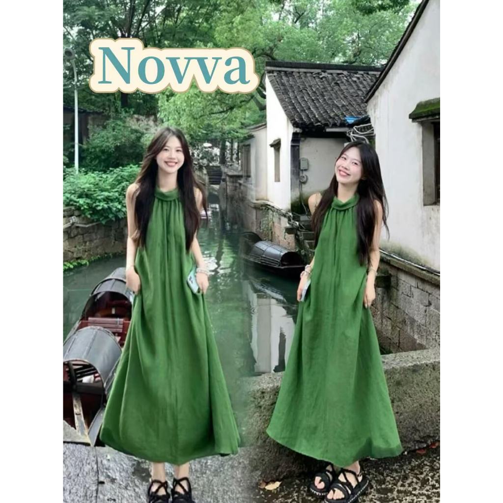 ส่งไวจากไทย🍒สีพื้น กระโปรงสายเดี่ยวทรงเอเปิดไหล่ ชุดเดรสสไตล์เกาหลีเรียบง่าย Novva