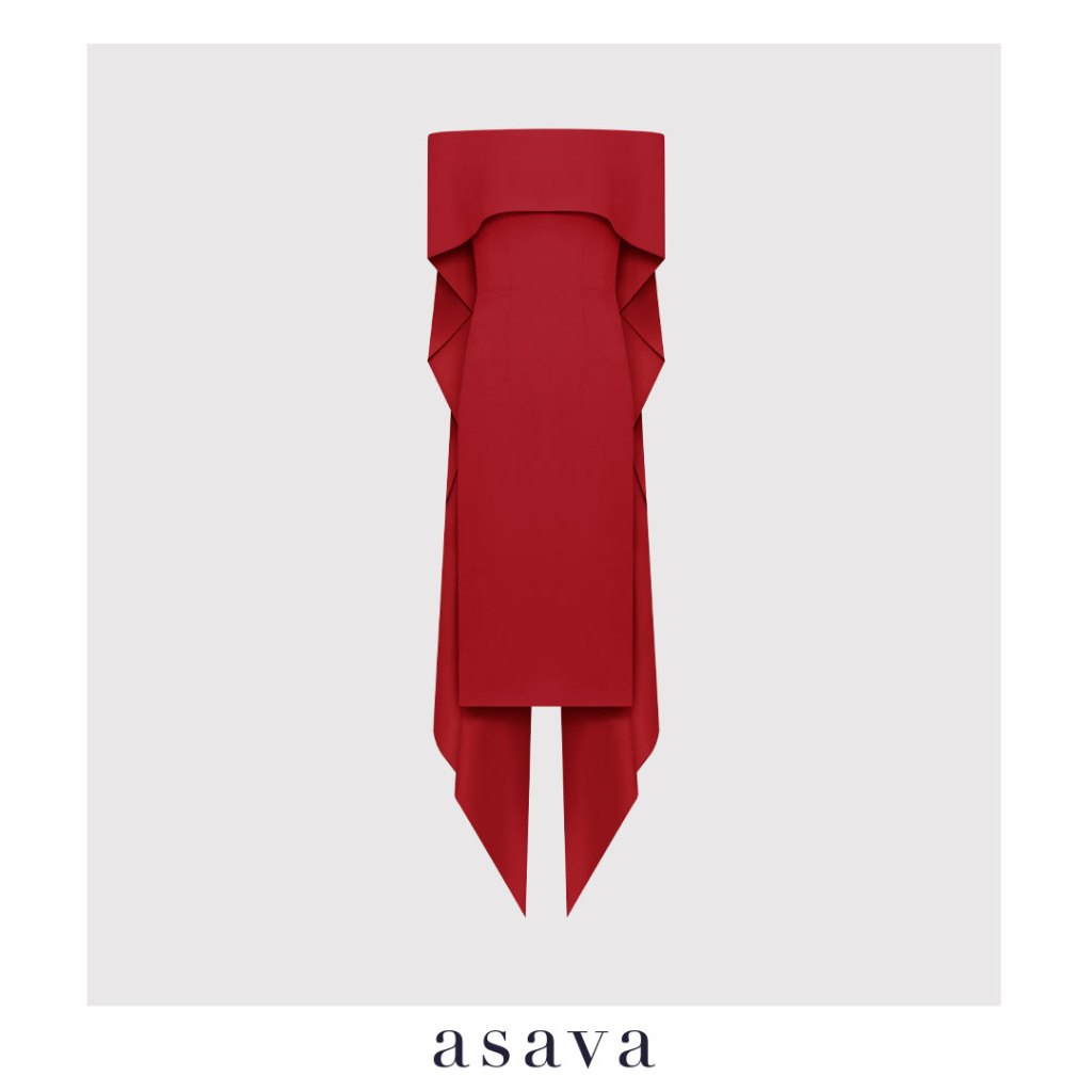 [asava ss25] Nellie Off-shoulder Dress เดรสผู้หญิง เปิดไหล่ แต่งดีเทลเคปด้านหลัง ผ่าหลัง ซิปและตะขอห