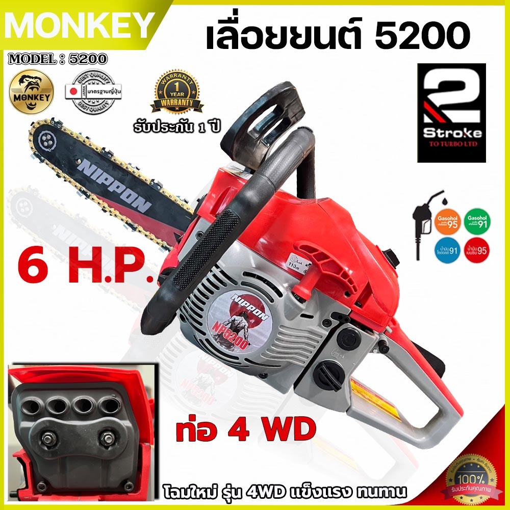 เครื่องเลื่อยโซ่ยนต์ NIPPON 5200 รุ่นใหม่ 4WD ท่อ 4 รู 6HP ลูกสูบไฮสปีด แรง ทน ระบายความร้อนดี ใช้งา