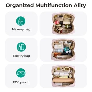 BAGSMART Makeup Bag Travel Cosmetic Bag กระเป๋าเปิดกว้าง Puffy Padded Make Up Bag Toiletries Accessories