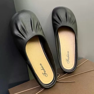 พร้อมส่งจากไทยรองเท้า 【6874】 คัทชูสีเบจพื้นเบสิคใส่สบายสวมง่ายไม่เจ็บเท้าหน้าเท้ากว้างใส่ได้