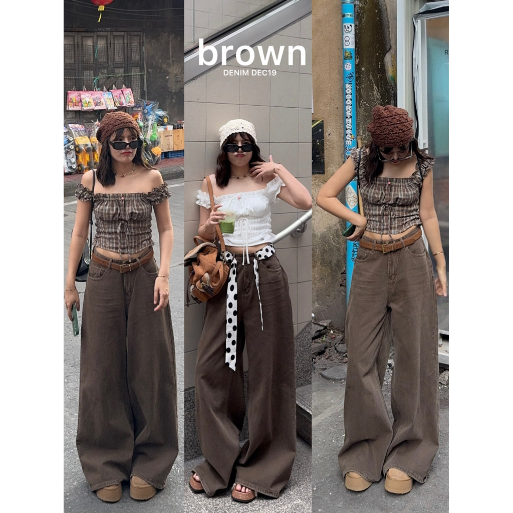 ( DEC18 น้ำตาล ) กางเกงยีนส์เอวสูงขากระบอกใหญ่ สีน้ำตาล