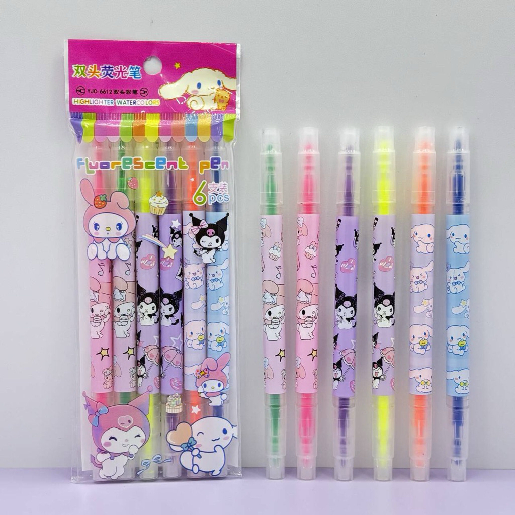 ปากกาไฮไลต์แพคละ6แท่ง6สีลายการ์ตูนน่ารักขนาดพกพา