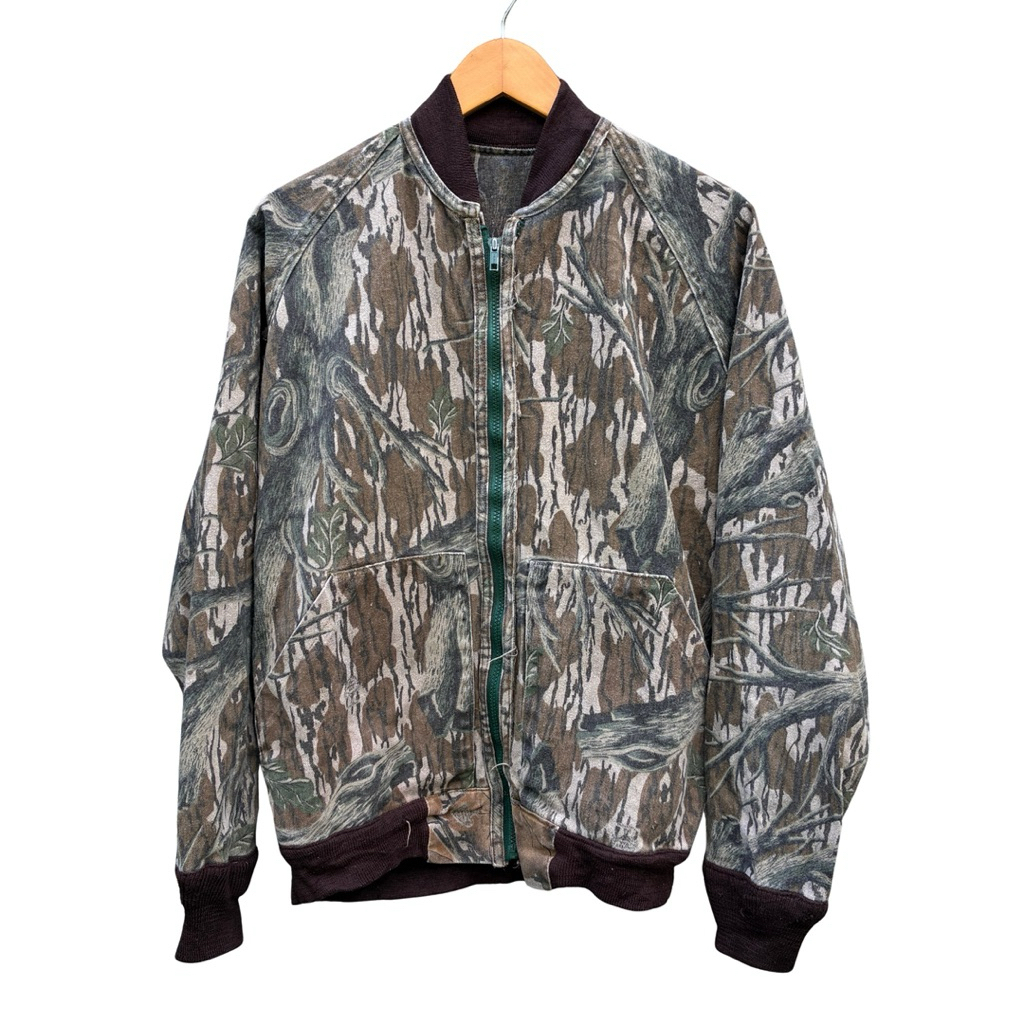 เสื้อแจ็คเก็ตวินเทจ 80s Mossy Oak Reversible Treestand / Fall Foliage Camo Hunting Bomber Jacket Tal